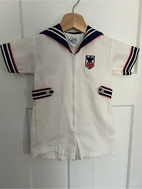 Vintage Classic White Sailor Romper with Navy Trim Gold Buttons: Size 24m
